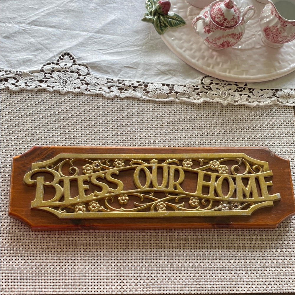 Vintage Bless Our Home Brass Wall Plaque - Gold on Brown!